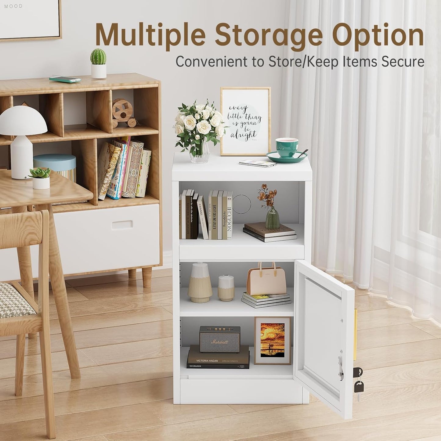 27" Metal Nightstand with Locked Doors, Small Sidetable with 1 Storage Shelf, Storage Cabinet for Bedroom, Metal End Table for Home, Office White