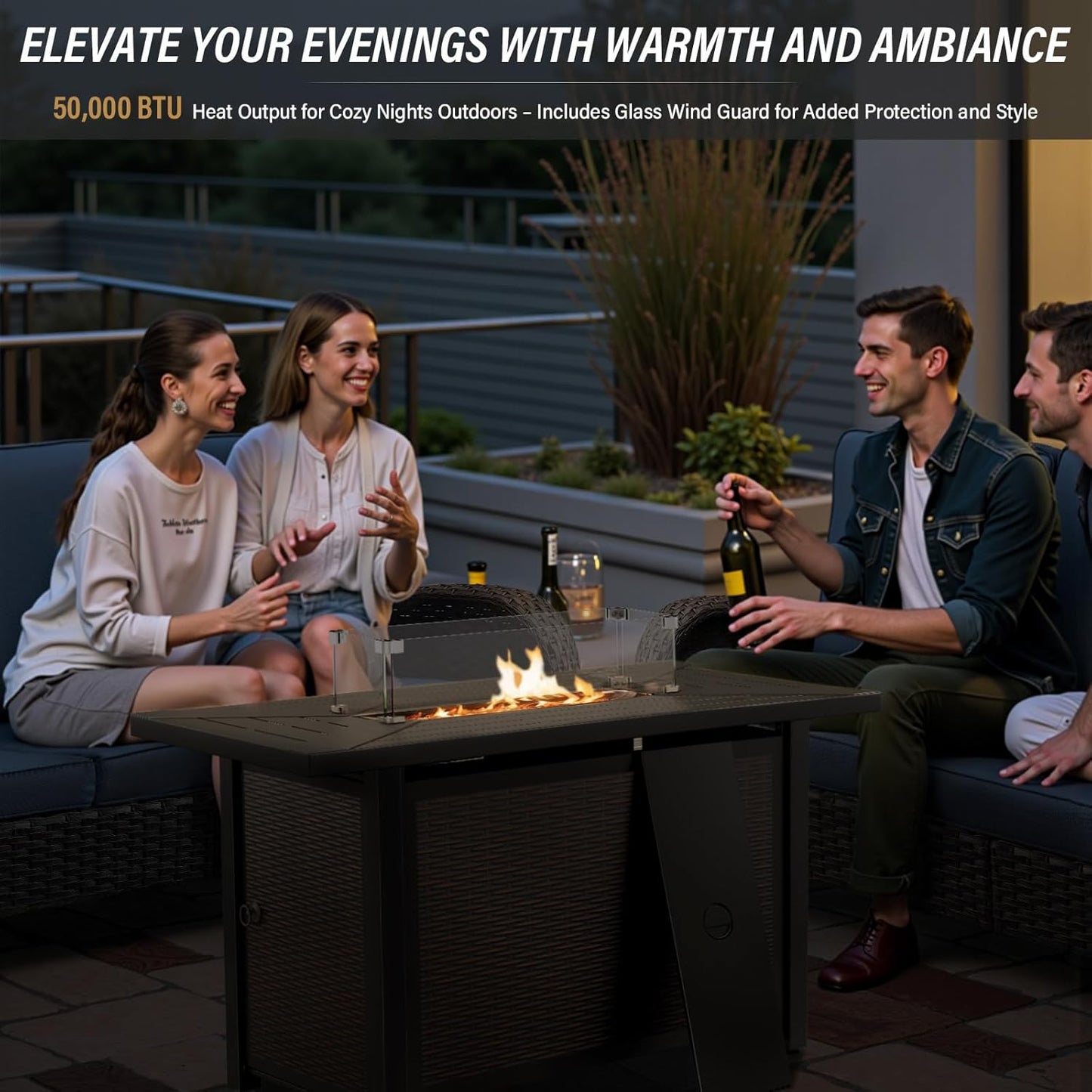 8 Piece Patio Furniture Set with 50000 BTU Propane Fire Pit Table, Outdoor Conversation Set with 2 Swivel Rocker Chairs Wicker Sofa and Ottomans for Casual Gatherings Beige Cushion