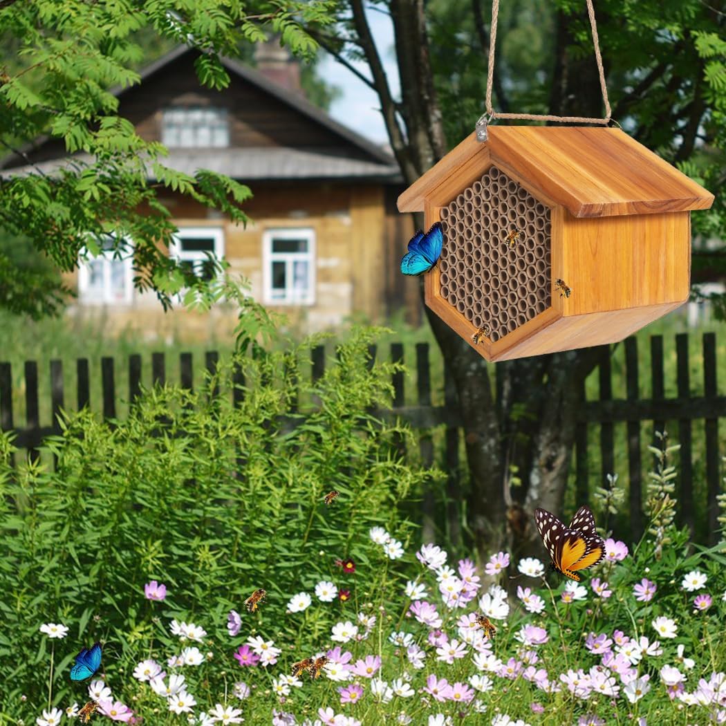 Mason Bee House Wax Coated Bee Hotel, Pollinator House Waterproof, Natural Handmade Wooden Mason Bee Hotel for Pollinating Bees Garden Supplies