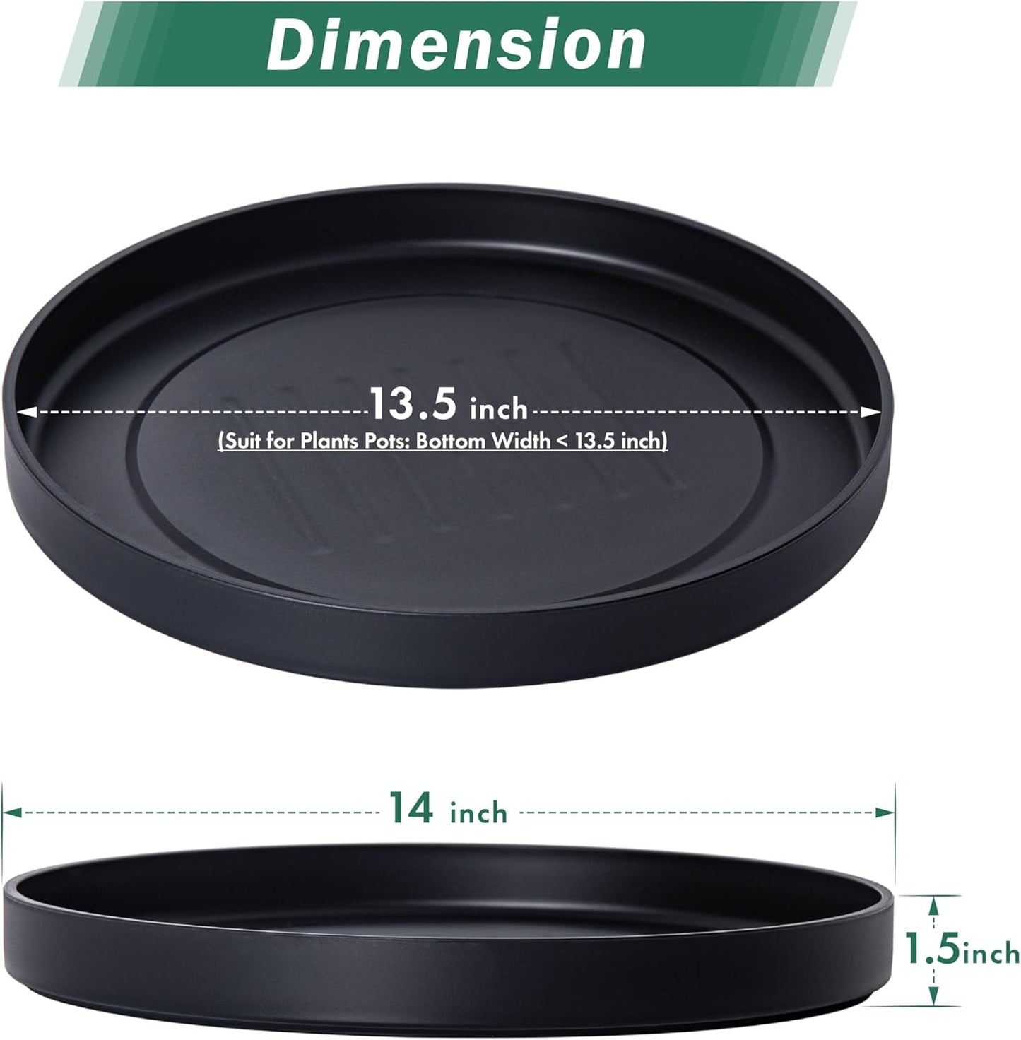 Phoenix Vine 14 Inch Plastic Plant Saucer Water Drip Tray, Heavy Sturdy Round Plant Drainage Tray for Indoors Outdoor, Matte Black, 21-TY-14B-1