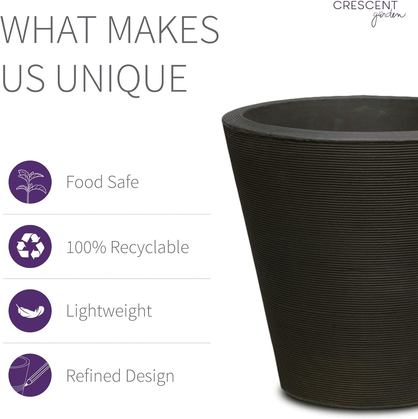 Crescent Garden Madison Planter– Weather-Resistant, Double Walled Indoor/Outdoor Plant Pot with Drain Hole – Large Plastic Plant Pot, 26" W (Caviar Black)