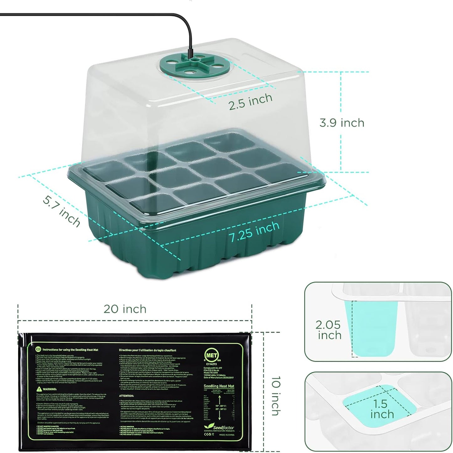 Seedfactor 7-Pack Seed Starter Kit with Grow Light (12 Cells per Tray), Plant Germination Trays with Adjustable Humidity Dome Seed Trays Seedling Starter with Base Trays for Germination