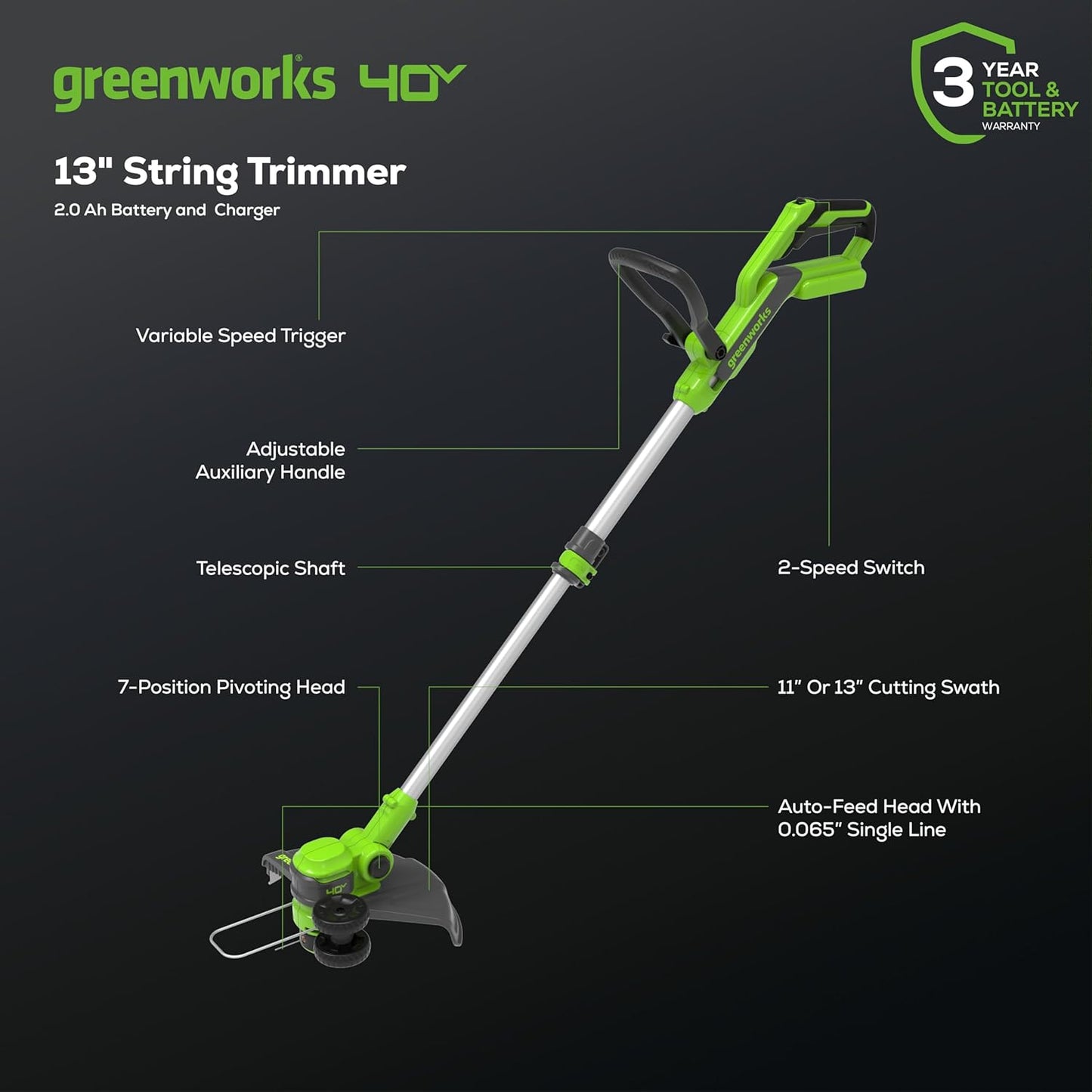 Greenworks 40V Cordless 2-in-1 Trimmer Edger (Gen 2) - 13" Lawn Weed Wacker for Fence & Sidewalk , Lightweight Gas Trimmer Alternative with Auto Feed Spool , 2.0Ah Battery & Charger (40-Min Runtime)