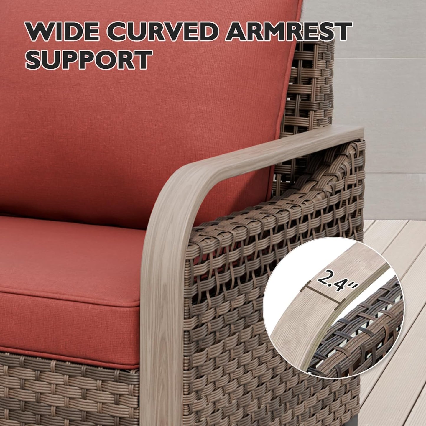 EAGLE PEAK Modern Wicker Outdoor Chair, Patio Chair Curved Armrest, Rattan Patio Furniture for Yard Deck Porch Garden, 1 Chair, Brown/Red