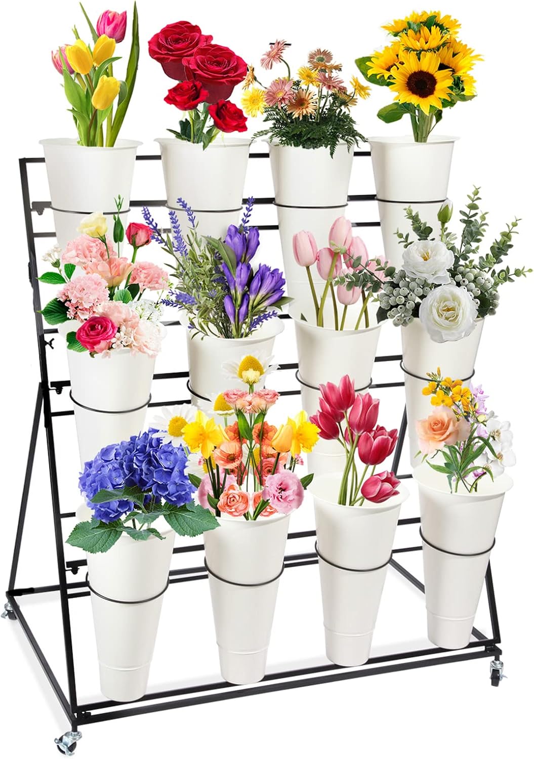Flower Display Stand with Buckets, 3 layers Metal Plant Stand with Wheels, Moving Florist Bouquet Shelf for Fresh Shop, for Patio Garden, Outdoor Flower Pop-Up Events (Black Frame - White Bucket)