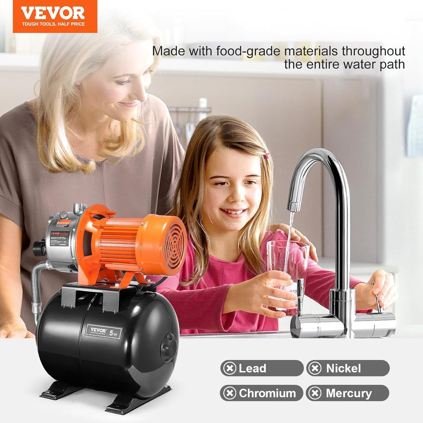 VEVOR 1.6 HP Shallow Well Pump with Pressure Tank, 1320 GPH, Automatic Irrigation Water Booster Pump with 30/50 PSI Pressure Switch for Home Garden Lawn, Certification for Drinking Water Security