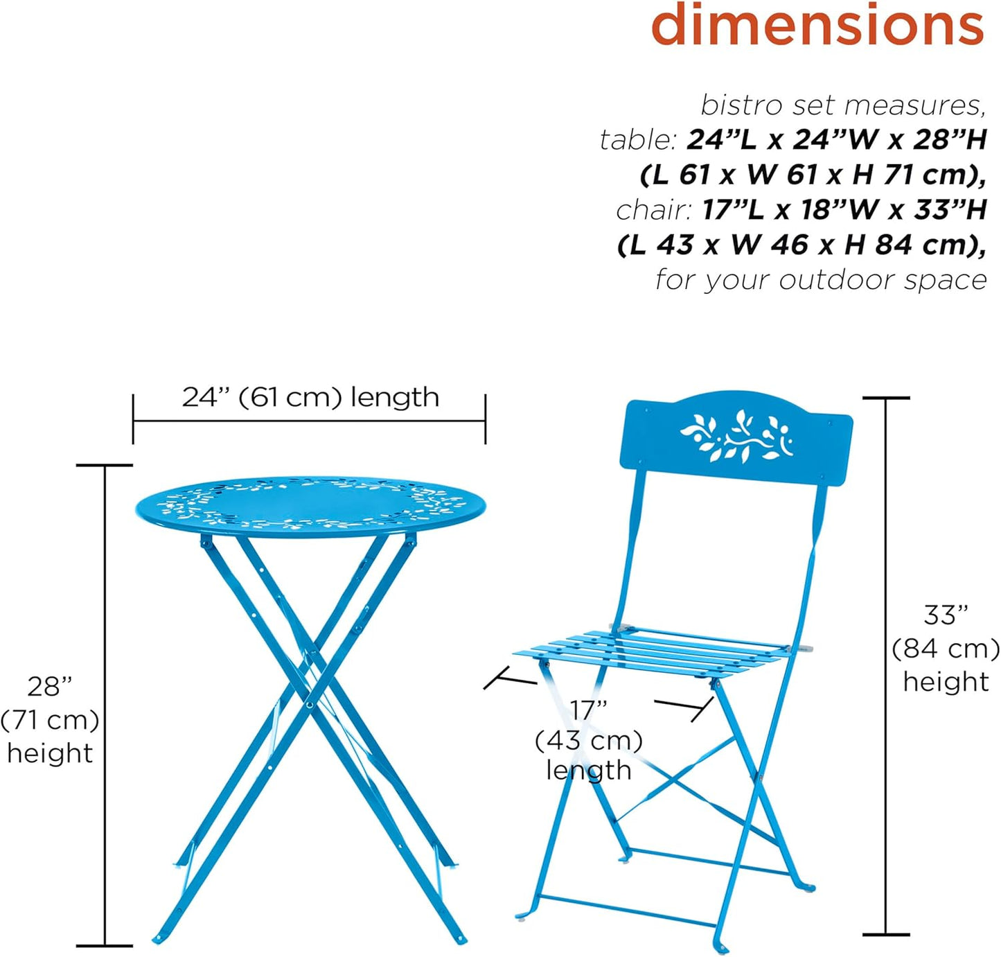 Alpine Corporation MSY100A-BL 3-Piece Indoor/Outdoor Bistro Set with Folding Table and Chairs, Durable Steel Patio Furniture, Vibrant Blue