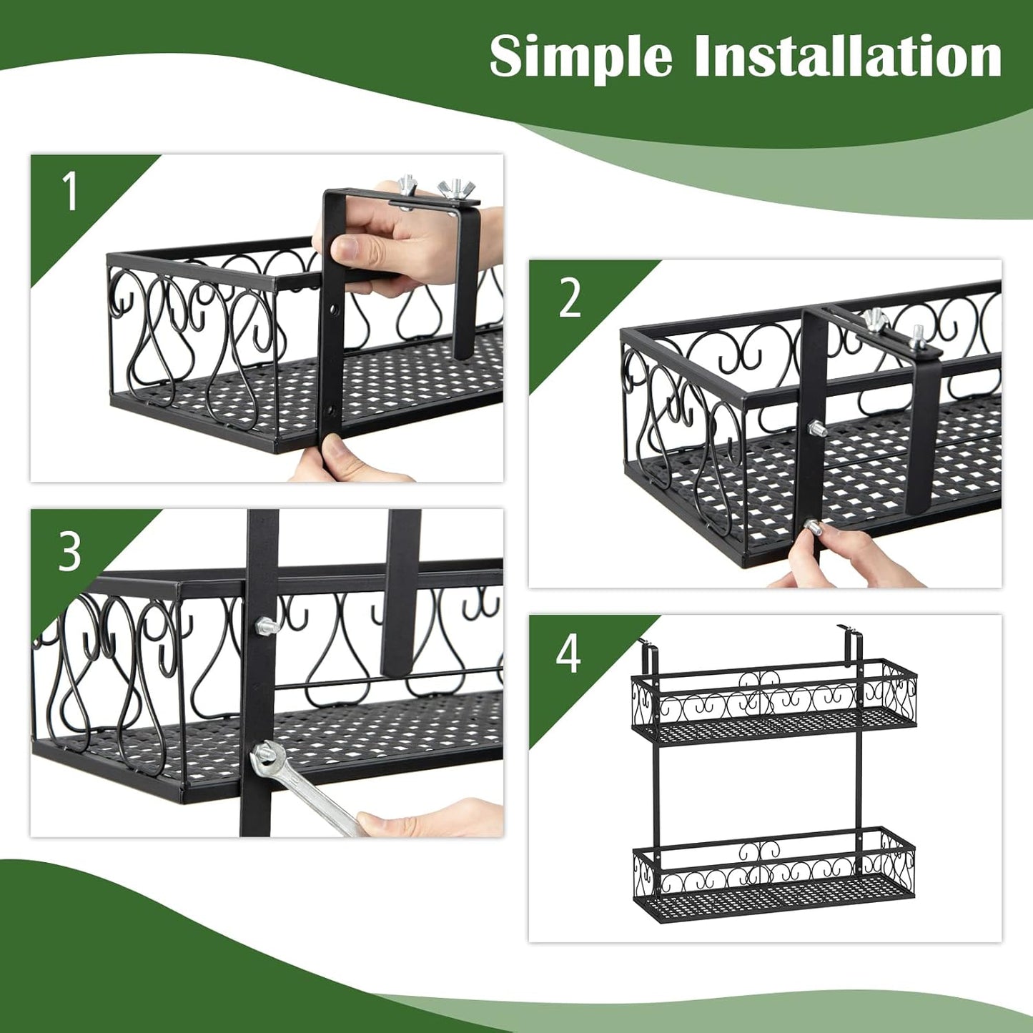 LDAILY 2-Tier Hanging Flower Rack, Hanging Flower Pot Holder w/Adjustable Hooks, Railing Basket Shelf Metal Potted Plant Container for Balcony, Porch & Fence, Easy Assembly, Black