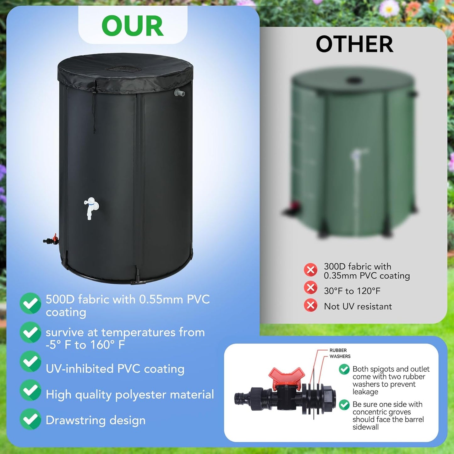 Upgraded 100 Gallon Rain Barrel Water Tank - Portable Rain Water Collection Barrel - Large Water Storage Tank - Stable Water Barrels Rain Catcher with Spigot Overflow Kit, Black
