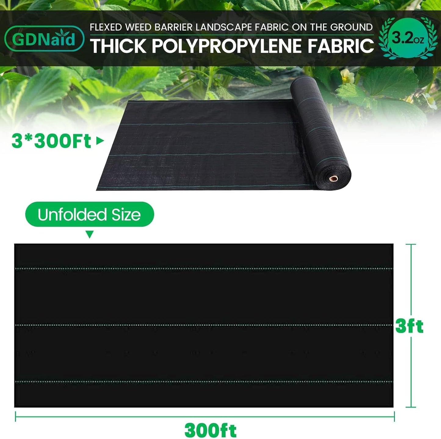 Weed Barrier 3ft x 300ft Landscape Fabric 3.2oz Weed Barrier Fabric, Easy Setup Landscaping Fabric, Garden Weed Fabric for Gardening, Farming