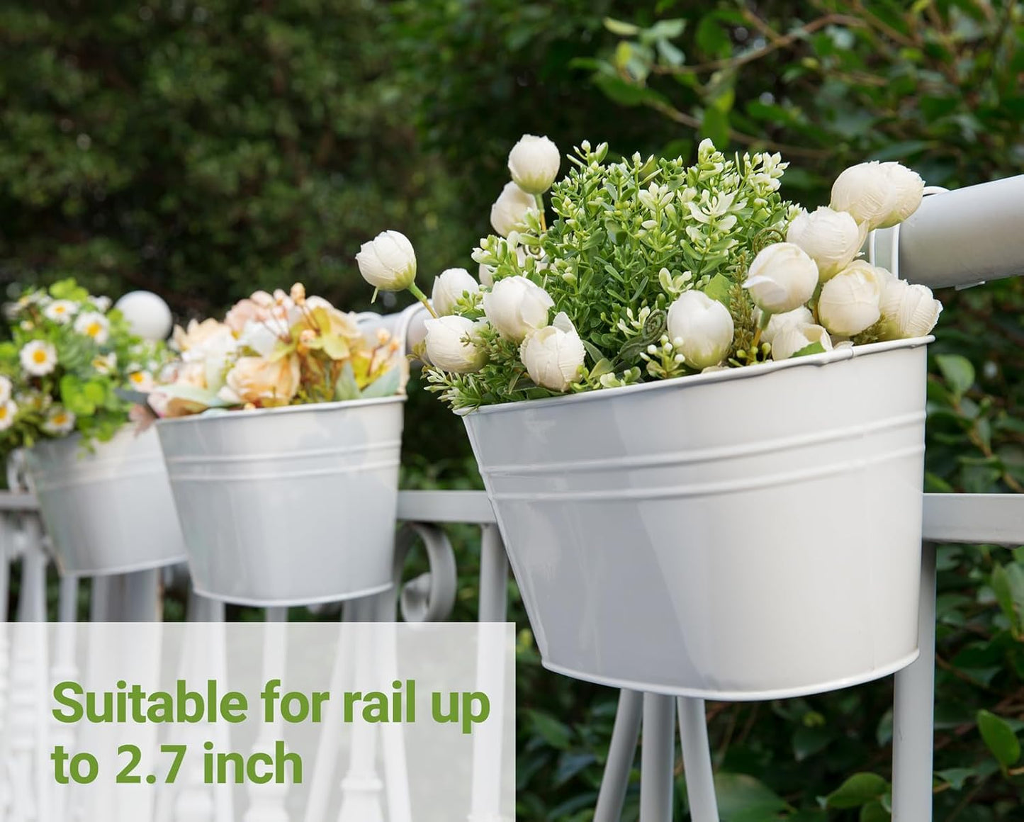 Dahey Metal Iron Hanging Flower Pots for Railing Fence Hanging Bucket Pots Countryside Style Window Flower Plant Holder with Detachable Hooks Home Decor,White,5 Pcs