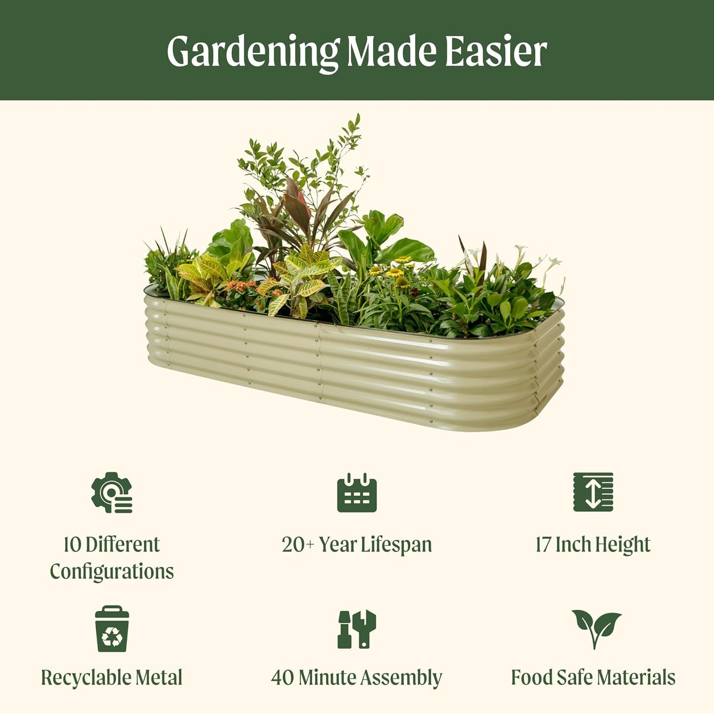 Vego garden Raised Garden Bed Kit, 17" Tall 10 in 1 Modular Raised Garden Beds Kit, Metal Planter Box for Vegetables, Flowers, Herbs, British Green