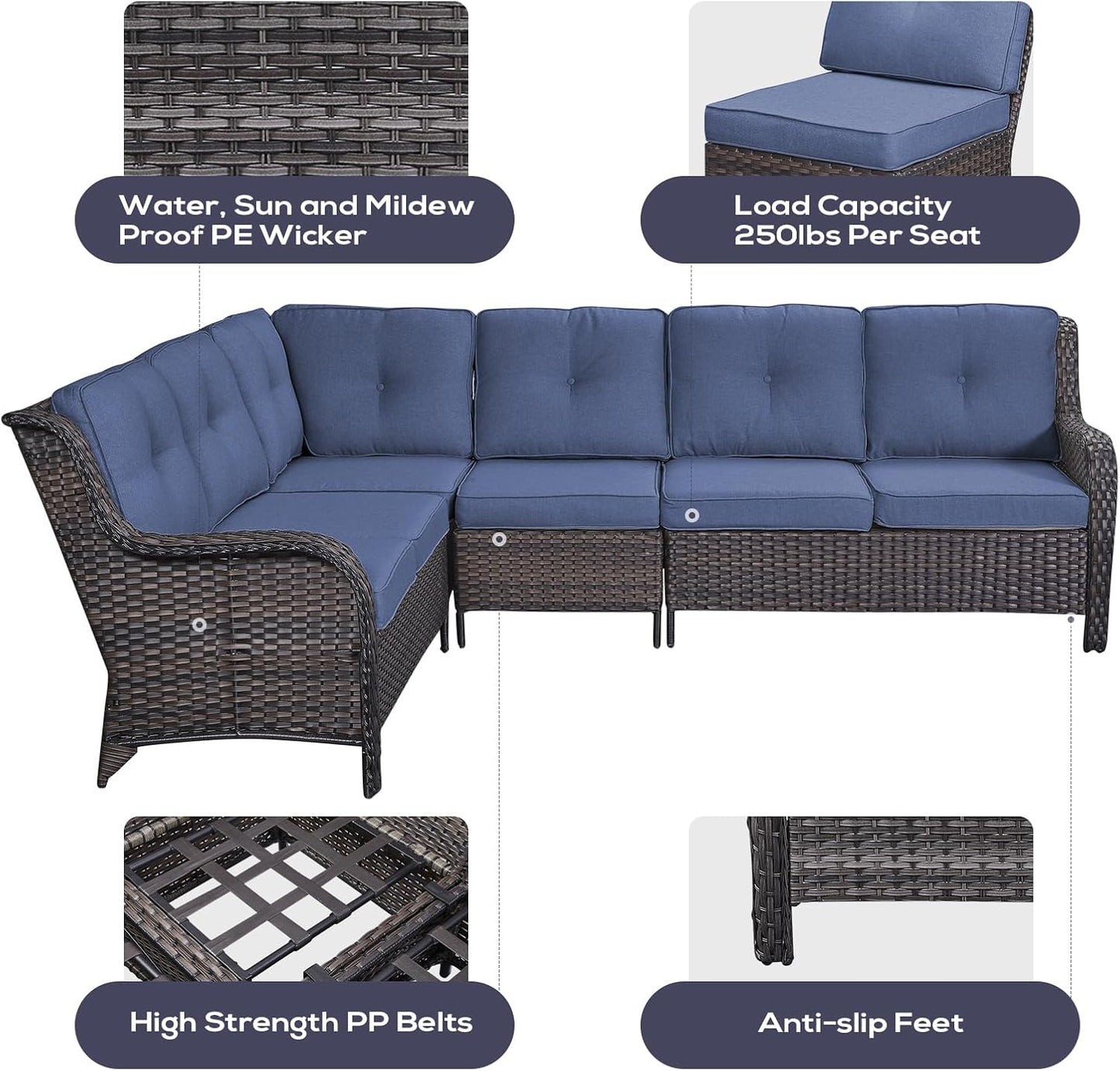 Outdoor Furniture Sectional Sofa L Shaped Couch - Patio Wicker Set with 2 Swivel Glider Chairs, 8 Piece Rattan Patio Conversation Sets with Blue Cushion for Deck Backyard Sunroom