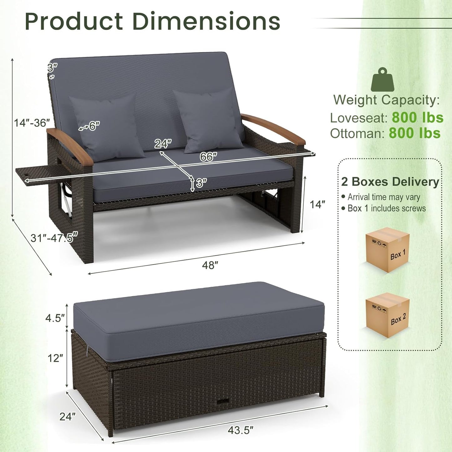 Tangkula Patio Rattan Daybed Set with Cushioned Loveseat and Storage Ottoman, Outdoor Double Chaise Lounger with 4-Level Adjustable Backrest and Retractable Side Trays for Backyard (Gray)