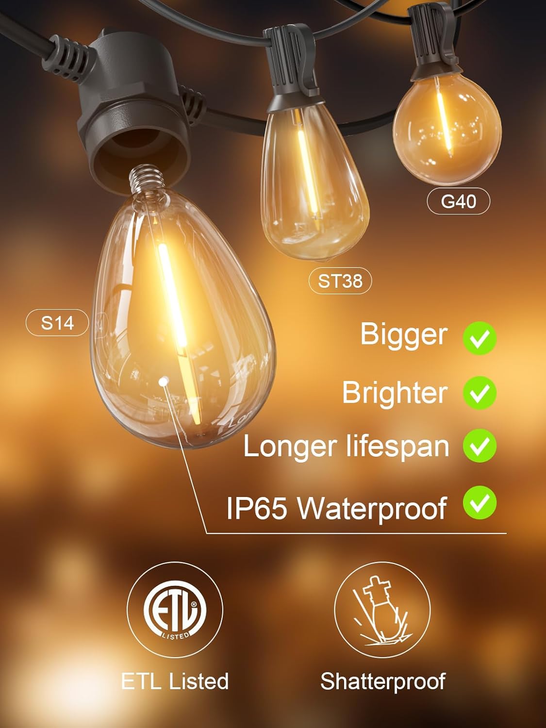 Svater Outdoor String Lights 300 FT, Patio Lights for Outside with Shatterproof Bulbs, Waterproof IP65 Commercial Hanging Light for Backyard Porch Balcony Bistro Party, 2700K