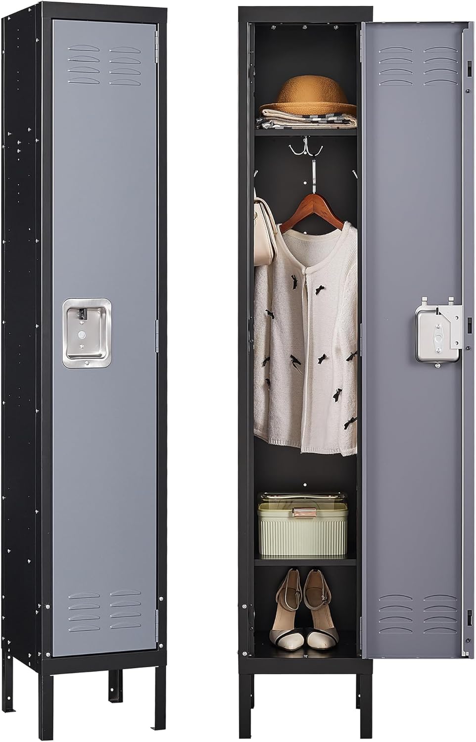 Letaya Metal Locker for Employees,Lockable Clothes Storage Steel Organizer Cabinet for Work,School,Gym,Home,Office,Staff,Kid Room (1 Door-Black Gray)