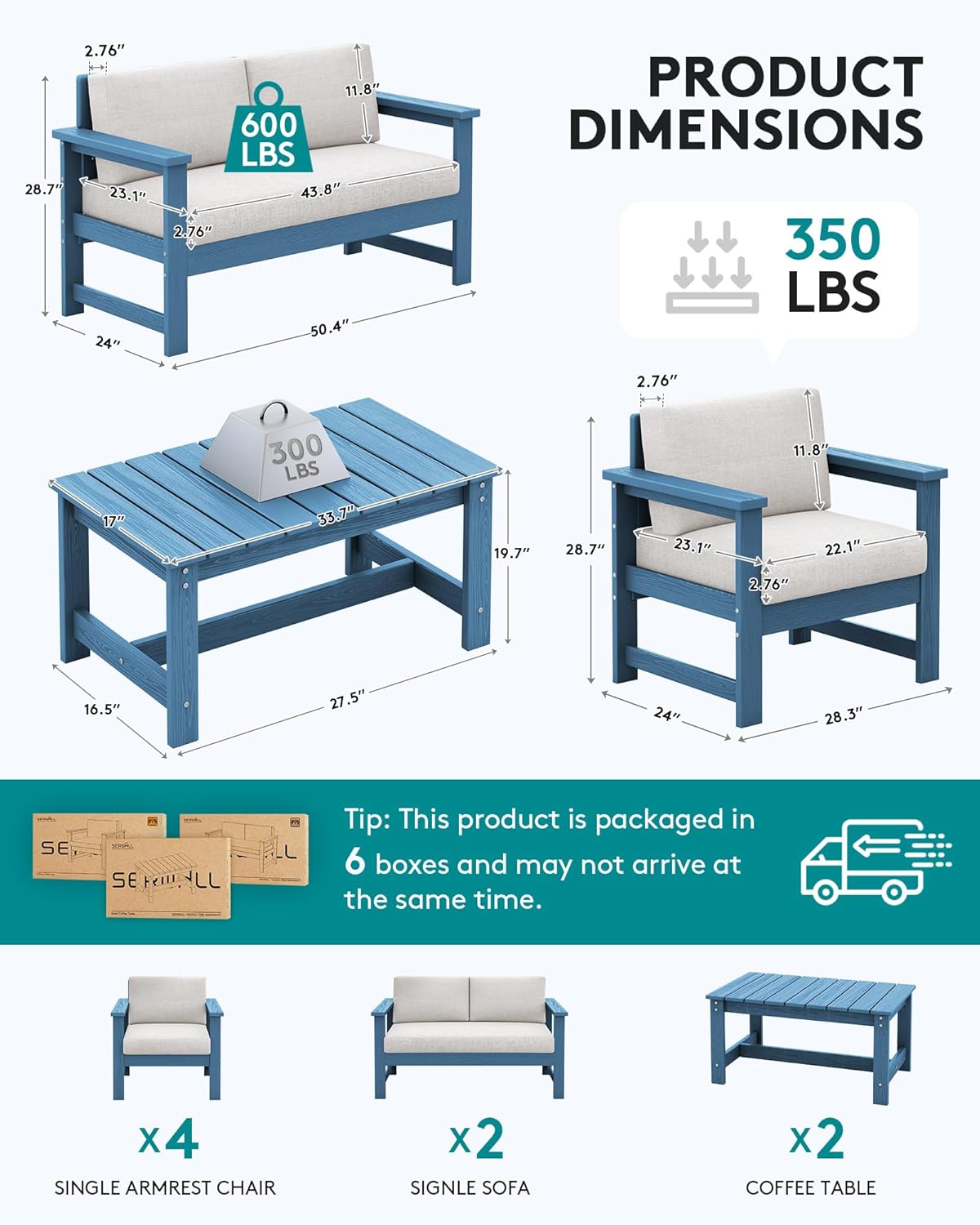 SERWALL 8 Pieces HDPE Outdoor Conversation Sofa Set with Cushions, All Weather Use Couch Loveseat Furniture with Side Table for Balcony, Deck, Poolside, BlueFrame with Khaki Cushions