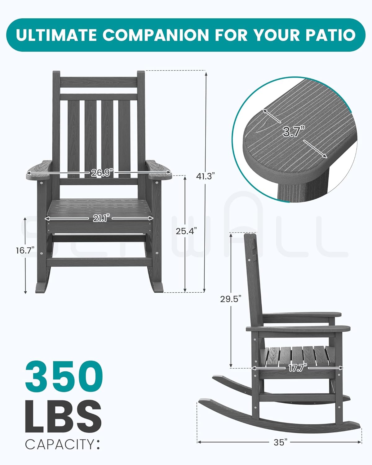 SEWALL HDPE Rocking Chair, Oversized Outdoor Rocking Chair for Adults, Patio Rocker for Porch, Grey