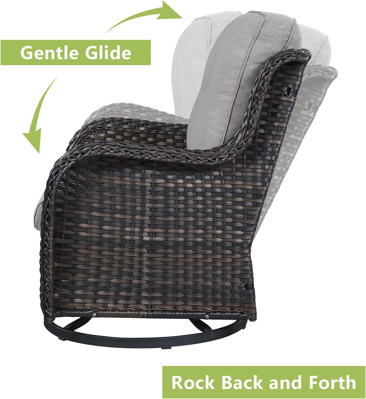 Outdoor Patio Swivel Rocker Chairs - 3 Piece Patio Bistro Set,Wicker Patio Furniture Set with 2 Swivel Rocking Chairs and 1 Glass Top Side Table for Deck Porch Garden,rown/Grey