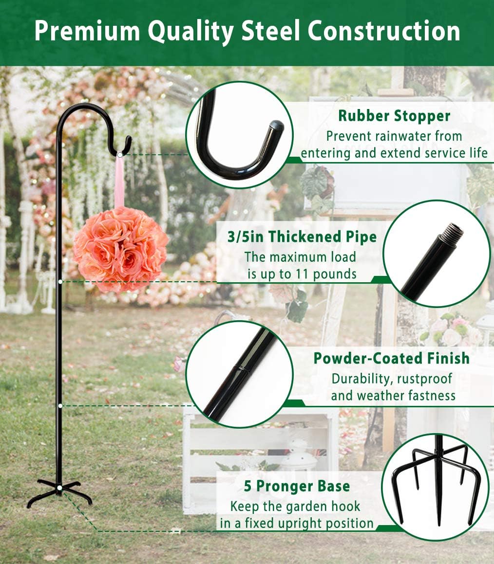 Artibear Adjustable Outdoor Shepherd Hook Stand with 5 Prong Base, 92 Inches Tall 3/5 in Thick, Shiny Black (1 Packs)