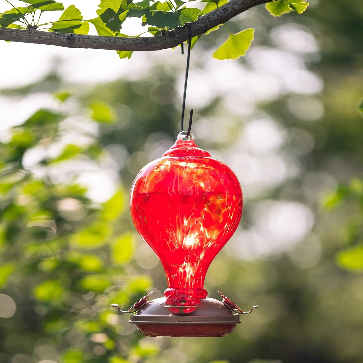 2 Packs Hummingbird Feeder for Outdoors Hanging Ant and Bee Proof, 34OZ 32OZ Hand Blown Glass Hummingbird Feeders for Outside (Blue & Flame)