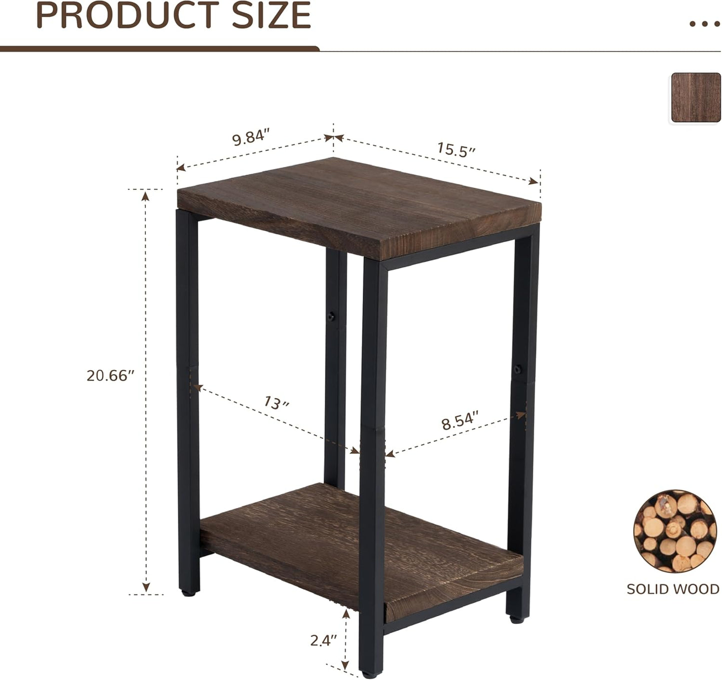 Real Solid Wood End Tables, Side Tables, Small Table with 2-Tier Storage Shelf, Nightstand for Living Room, Bedroom, Office, Bathroom
