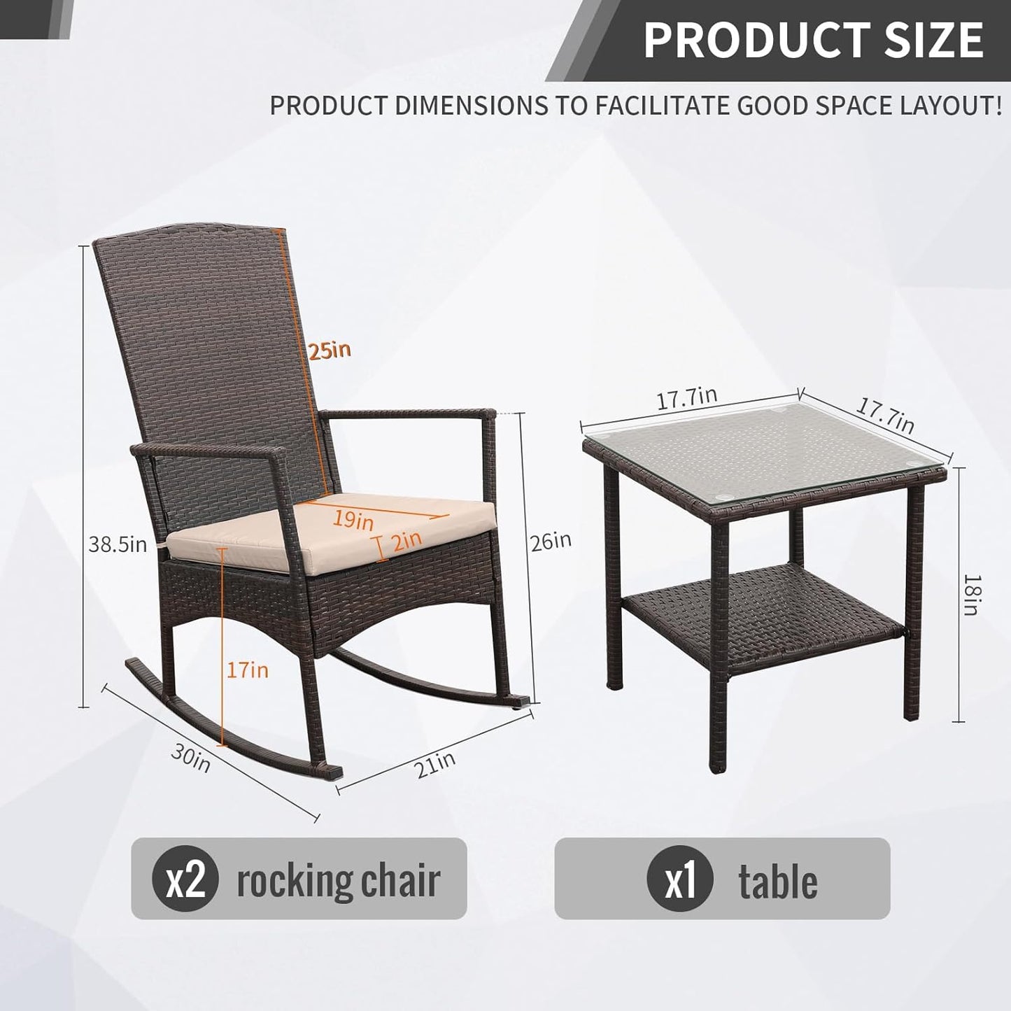 Outdoor Rocking Chair 3 Pieces High-Backed Rocking Chair Outdoor Patio Rocking Chairs Outdoor Table, Khaki