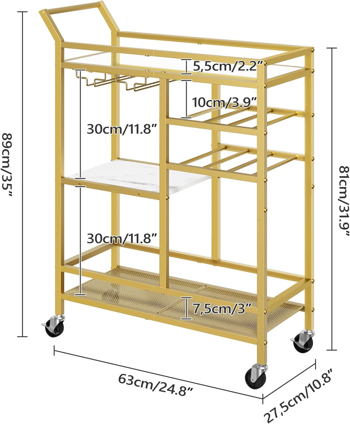 Bar Cart for Home, 3-Tier Serving Cart with Mirrored Top, Beverage Cart with Wine Rack and Glass Holder, Drink Cart with Wheels, for Dining Room, Living Room, Gold and White RCJM7101