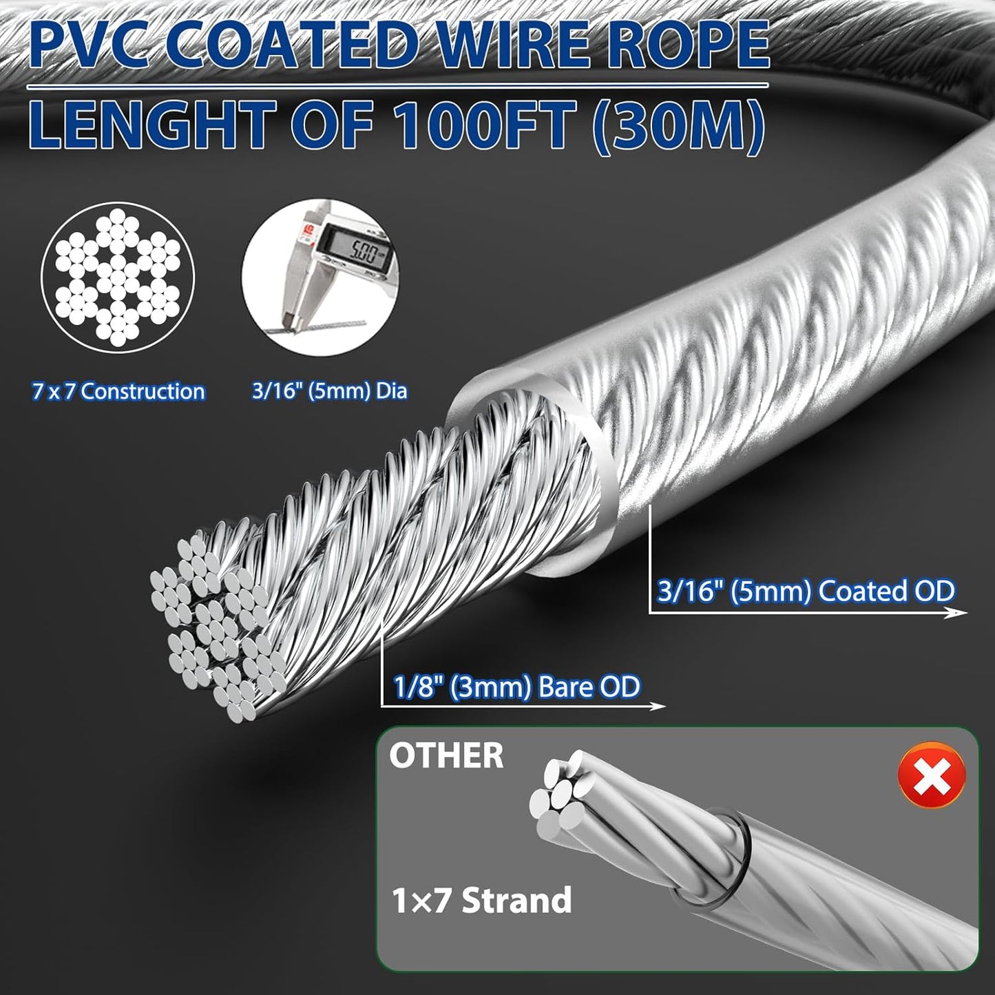 M6 Turnbuckles for Cables Wire Kit, 3/16" PVC Coated Steel Cable Kit w/ 7×7 Strand Core & 100Ft Wire Rope Tensioner Strainer for String Light Hanging/Deck Stair Railing/Shade Sail/Clothes Line