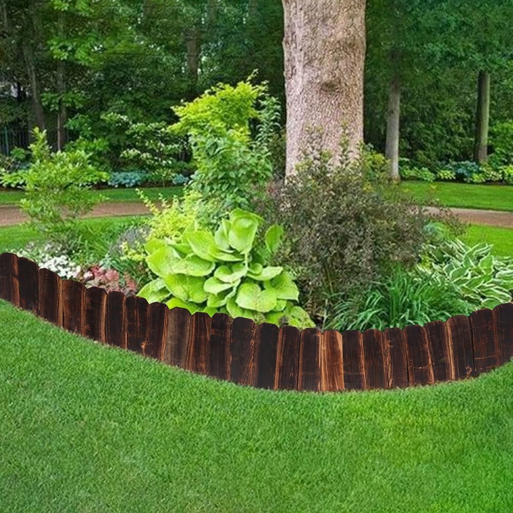 2 Pack Garden Wooden Fence Anti-Corrosive Outdoor Landscape Edging Flexible Decorative Border with a Pair of Gloves for Garden Yard Flower Tree Fence - 7.9'' H x 47'' L