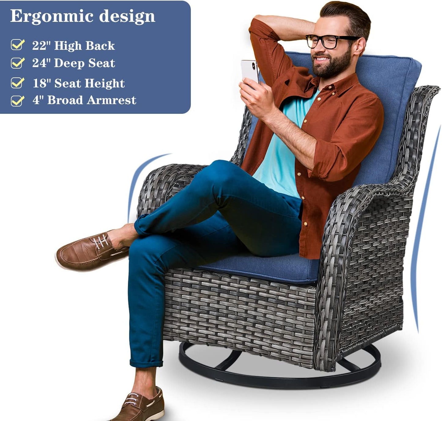 5 Piece Outdoor Patio Furniture Set - Wicker Furniture Patio Conversation Set, Outdoor Swivel Rocker Chairs with 3-Seater Sofa and 2 Ottomans for Small Space, Blue Cushion