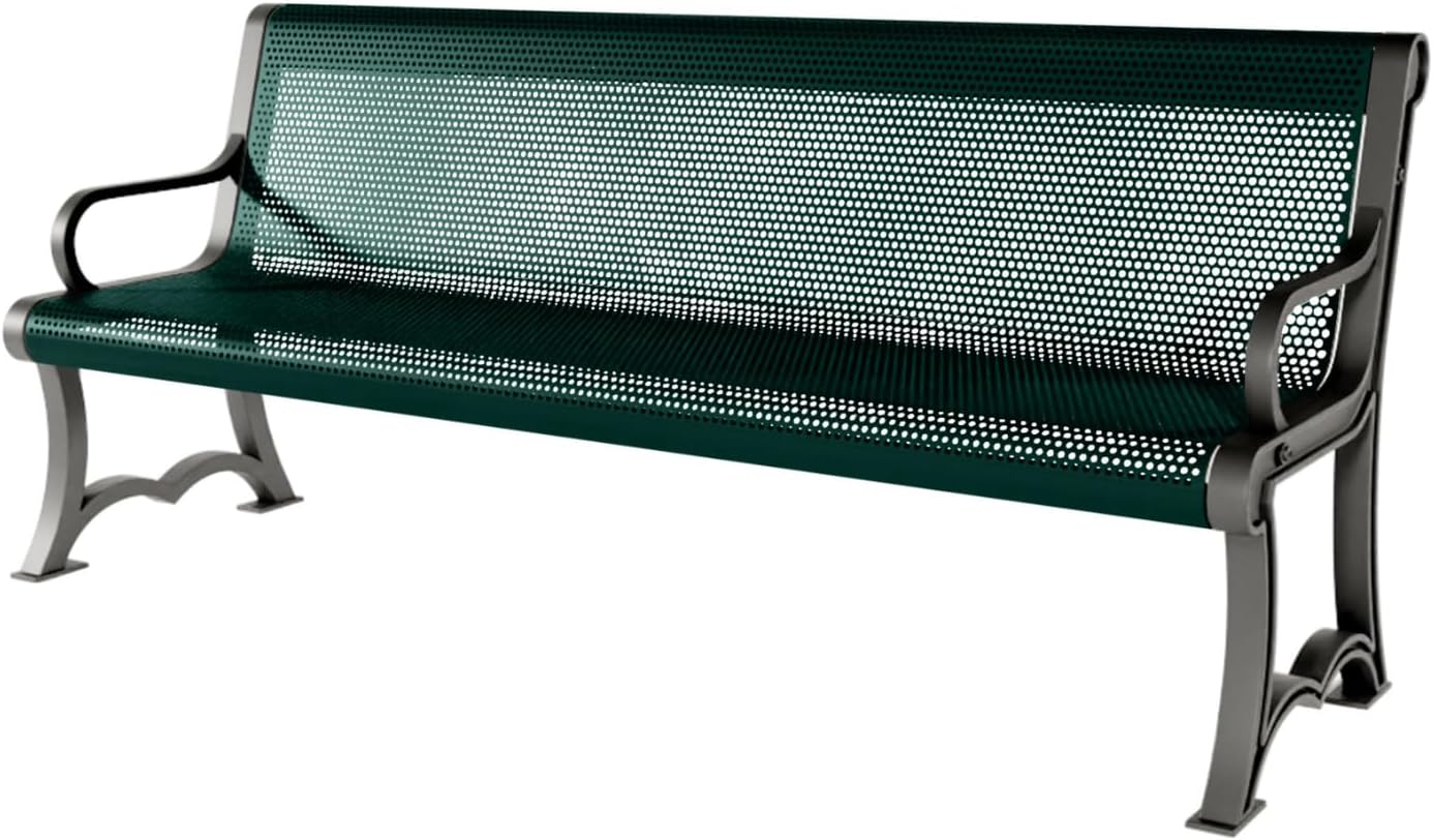 Coated Outdoor Furniture Heavy-Duty Outdoor Bench Thermoplastic Coated, Punched Steel, Commercial-Grade Garden Bench, Made in America (Portable with Back, 6 Ft, Dark Green)