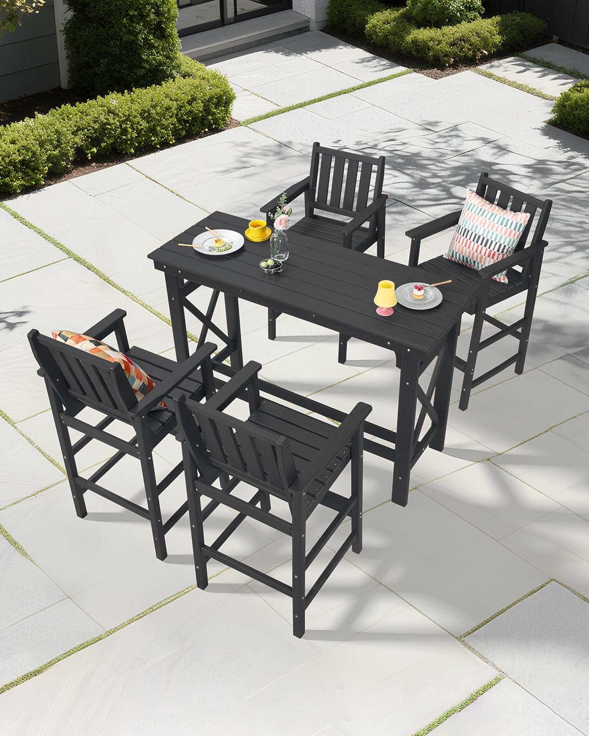 5-Piece HDPE Patio Bar Set, Rectangular Bar Height Table and 4 Adirondack Bar Chairs, All Weather Outdoor Bar Stools Set, Outdoor Bar Table and Chairs Set for Balcony, Pool, Porch, Obsidian