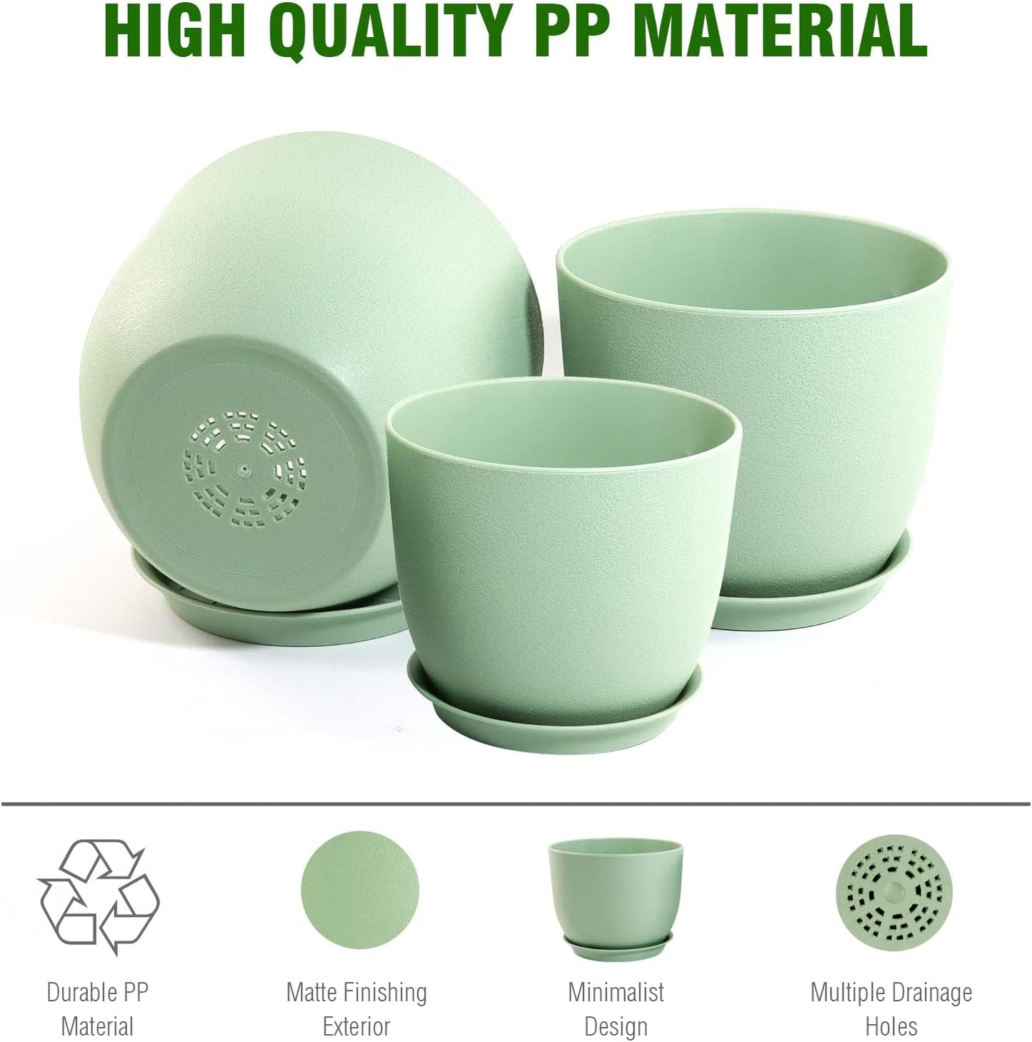 Large Plant Pots 12/10/9 inch, Set of 3 Modern Decorative Plastic Planters with Drainage Holes and Saucers, Flower Pots for Indoor Outdoor Plants, Green