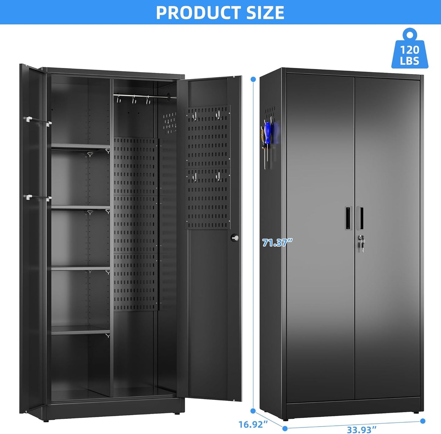 Broom Closet Storage Cabinet with 5 Pegboard, Hanging Rod &13 Hooks, Utility Metal Garage Storage Cabinets with Doors and 4 Shelves for Garage Home Storage, Black,71.5" H x 34" W x 17" D