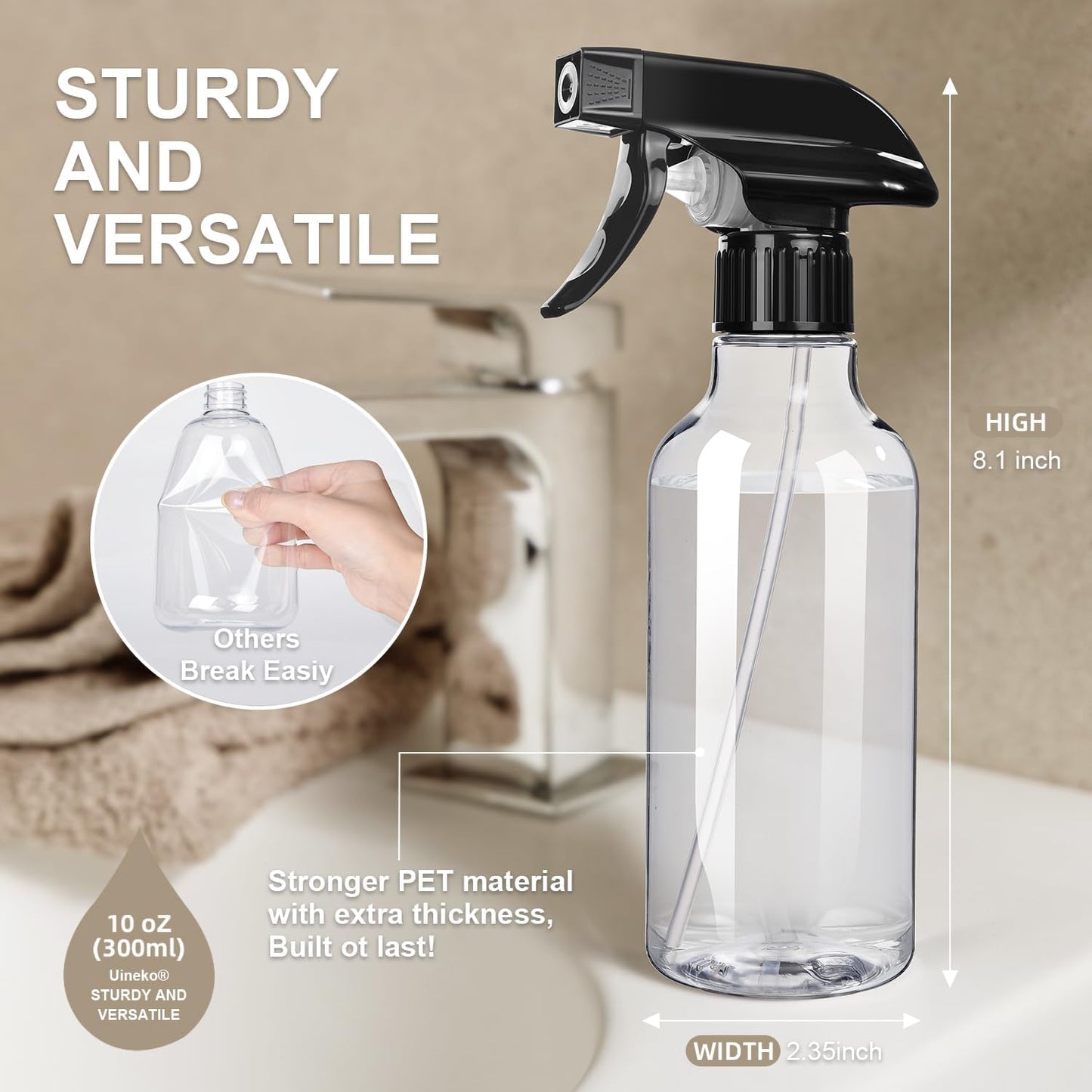 Spray Bottles 2-Pack, 10 Oz, Mist & Stream, Heavy Duty Spraying Empty Water Sprayer Bottle, BPA Free Plastic Refillable Containers for Cleaning Solutions, Plants, Hair, Essential Oils (Amber)