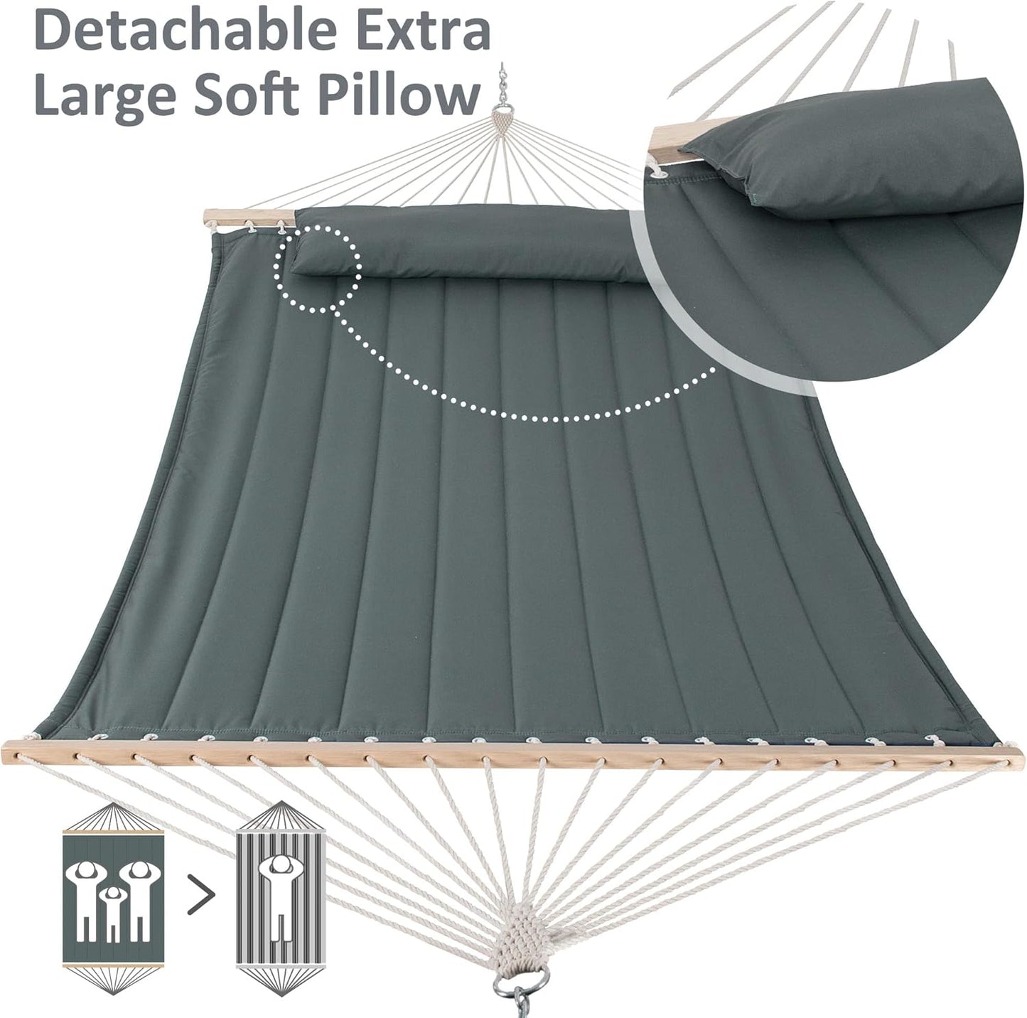 SUNCREAT Double Hammock for 2 Person, Extra Large Outdoor Portable Hammock with Hardwood Spreader Bar, Soft Pillow, 475 lbs Capacity, Gray Green