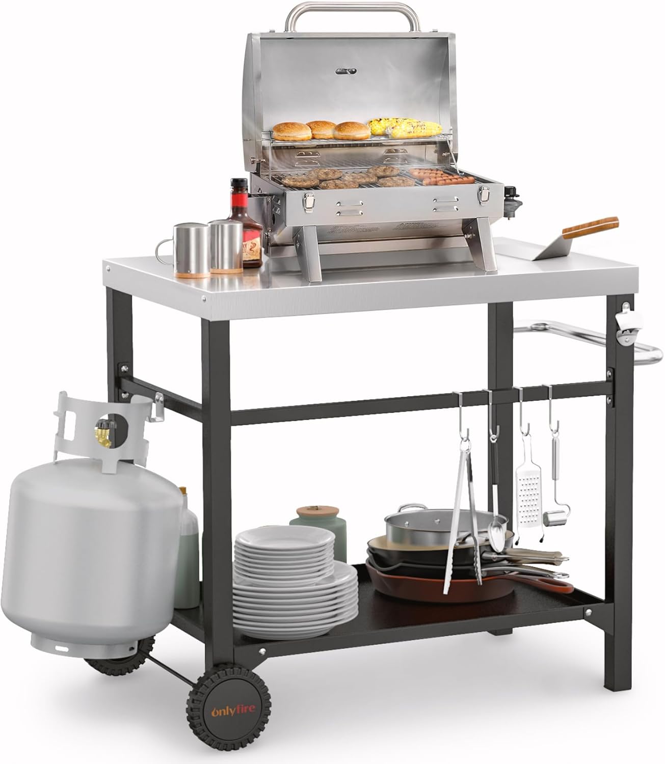 only fire Stainless Steel Movable Dining Cart Table, Pizza Oven Table, Multifunctional Utility Cart with Wheels for Outdoors, Kitchen or Backyard Patio