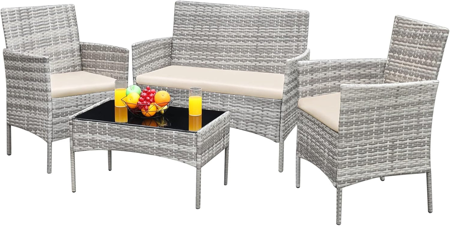 Greesum Patio Furniture 4 Pieces Conversation Sets Outdoor Wickerr Rattan Chairs Garden Backyard Balcony Porch Poolside loveseat with Soft Cushion and Glass Table, Gray and Beige