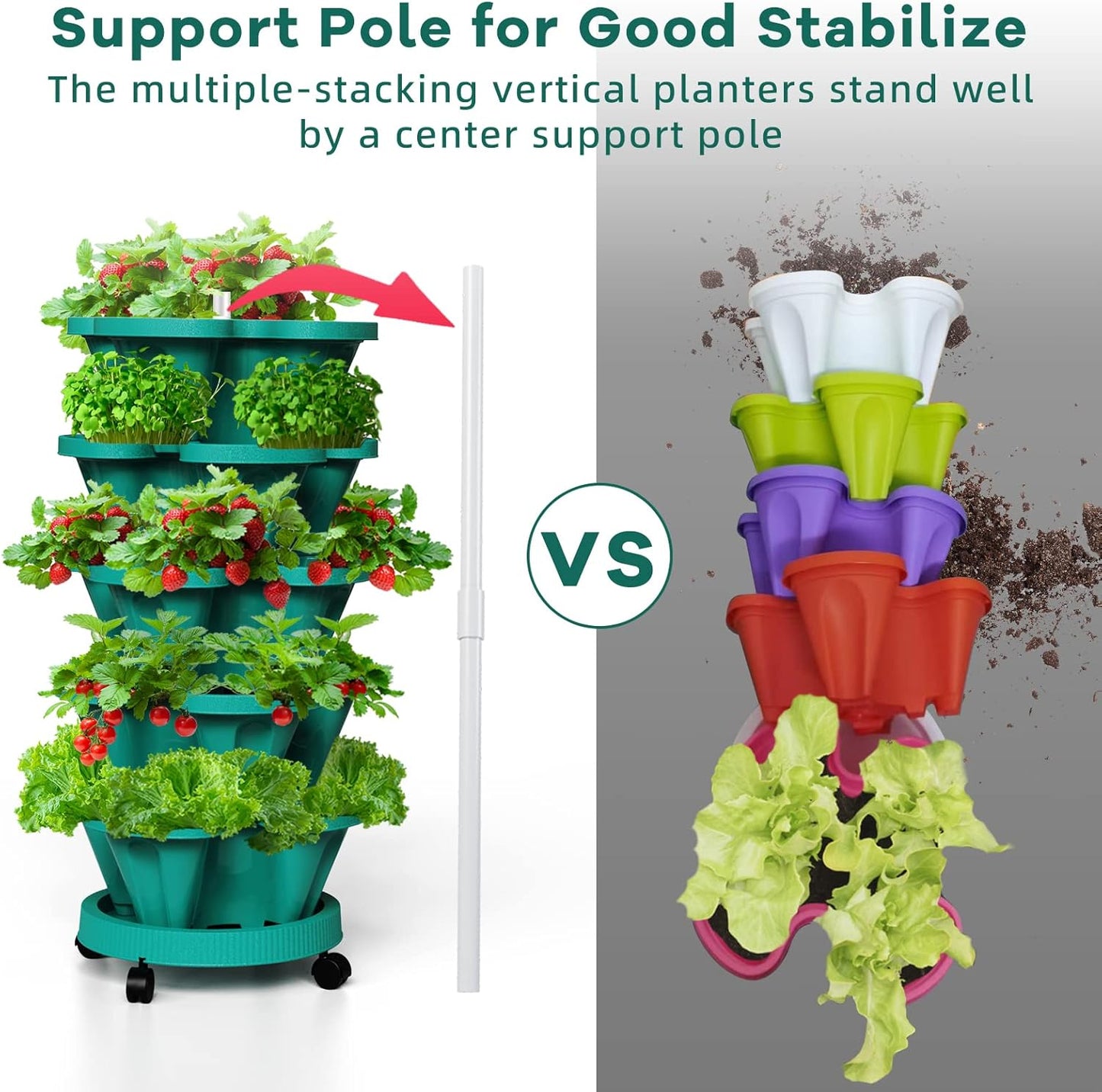Strawberry Vertical Planters Tower Garden, 5 Tiered Stacking Planter with Support Pole, Stackable Herb Vegetable Planters Indoor and Outdoor - Hunter Green