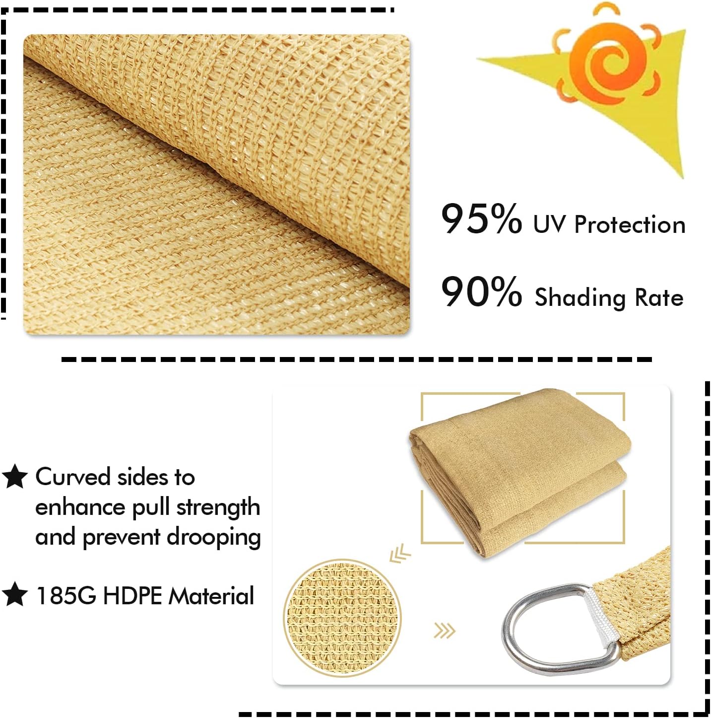 KANAGAWA 6'X9' Sand Custom Size Sun Shade Sail Rectangle UV Block Canopy Cover for Patio Backyard Lawn Garden Outdoor (Customized Available)