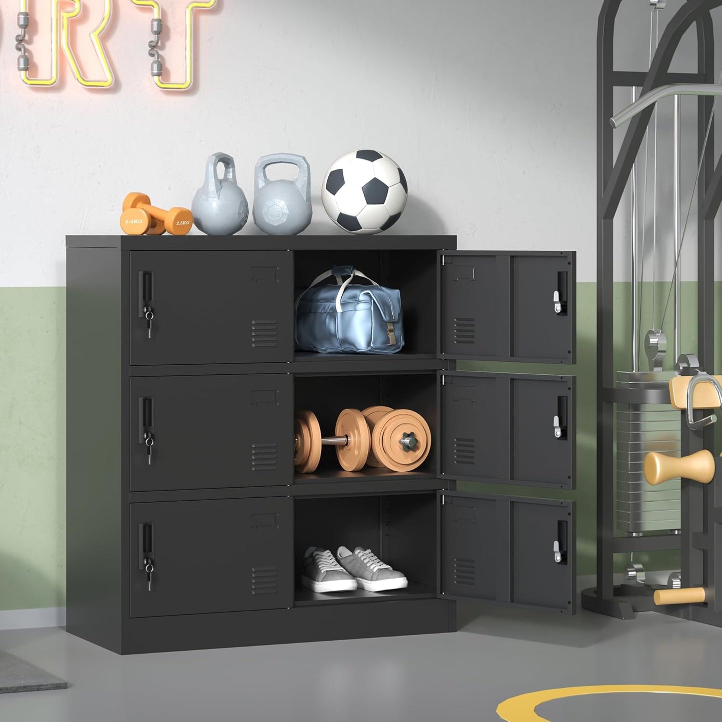 Metal Lockers for Employees, Office Storage Locker with 6 Doors, Black, 35.43" W x 15.75" D x 39.37" H, Steel Staff Locker Storage Cabinet for Gym, Home, School, Garage, Assembly Required