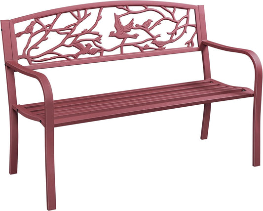 Yaheetech Outdoor Garden Bench Patio Furniture Chair Outdoor with Vintage Bird Pattern Backrest, Slatted Seat, Antique Metal Bench for Yard & Porch & Park, Red