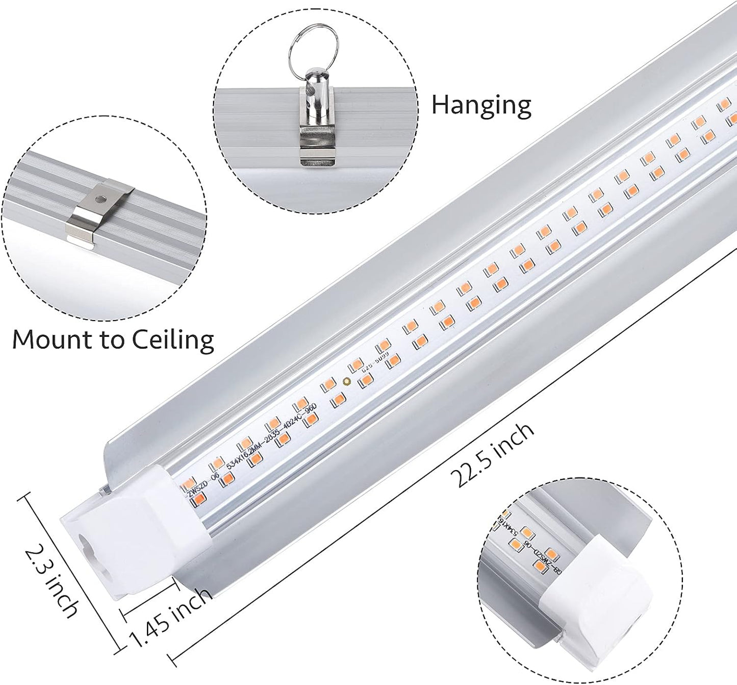 Grow Light, 2ft T8,100W(4 x 25W, 600W Equivalent), Super Bright, Full Spectrum Sunlight Plant Light, LED Grow Light Strips, Grow Lights for Indoor Plants,Greenhouse,4-Pack