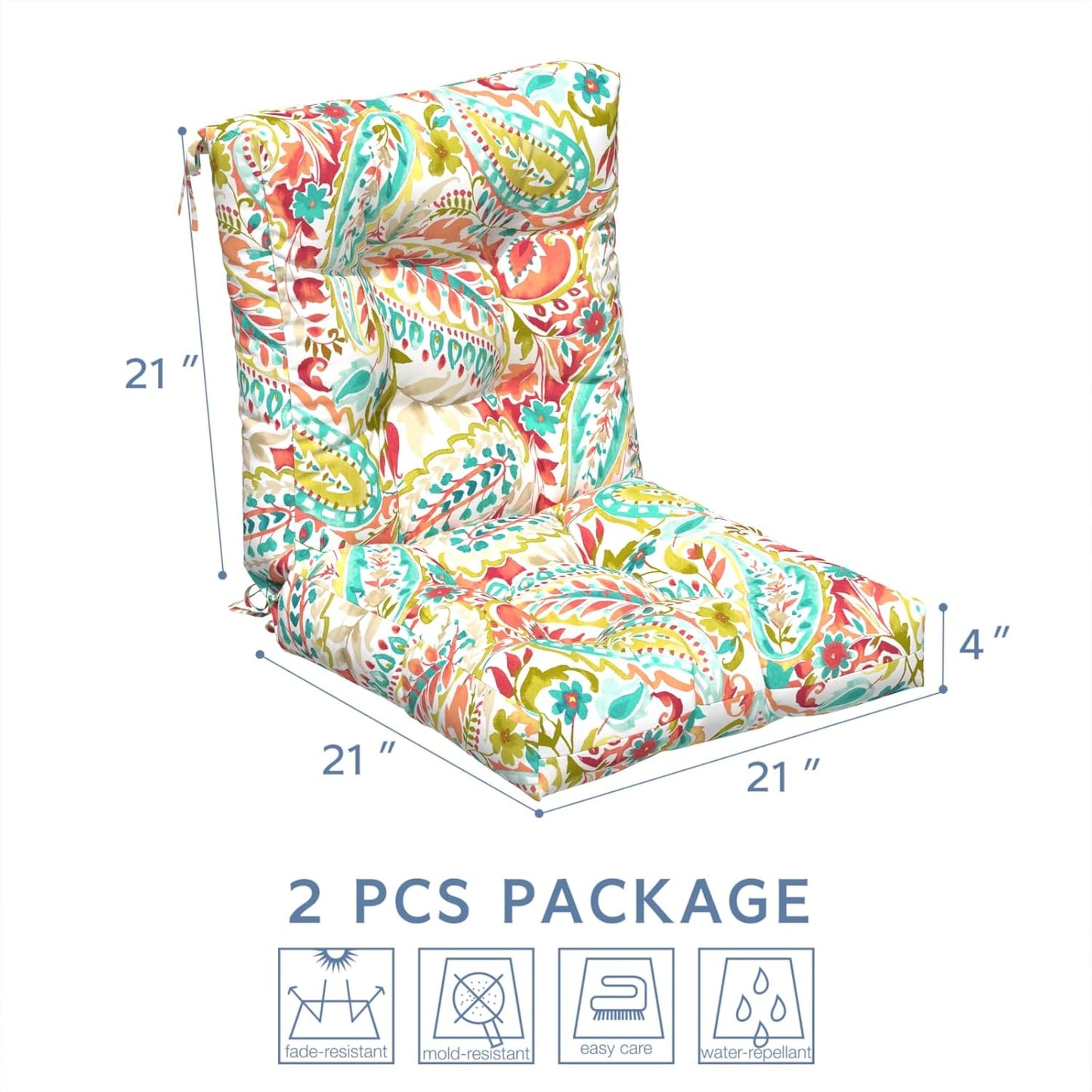 LVTXIII Outdoor Low Back Chair Cushions, Seasonal Replacement Adirondack Chair Cushion with Ties, Patio Waterproof Seat Cushions for Home Garden Use, 21 W x 21 D, Set of 2, Pretty Paisley