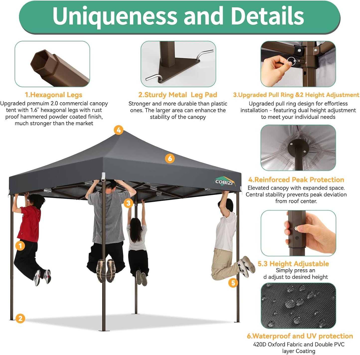 COBIZI 10x10 Pop Up Canopy Tent Heavy Duty with 4 Sidewall, Commercial Outdoor Easy Pop Up Gazebo for Party Wedding All Weather Waterproof UV 50+ with Carry Bag(Leg Upgraded),Gray