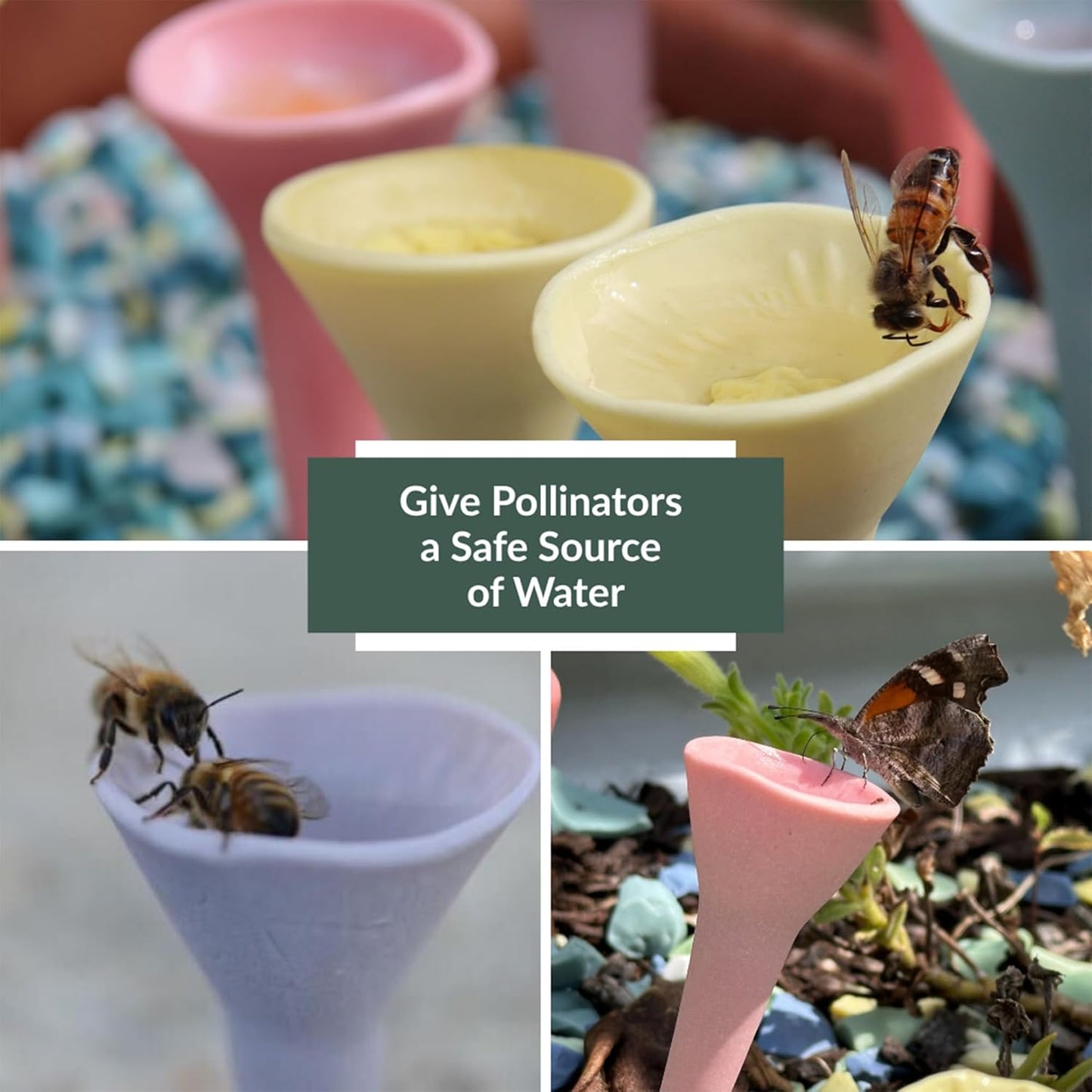 Patented Bee Butterfly Watering Station, Garden Decor, with Pollinator Attracting Ultraviolet Glaze, 100% Porcelain, 100% Handmade, Plastic Free (5, Passion Flower Purple)