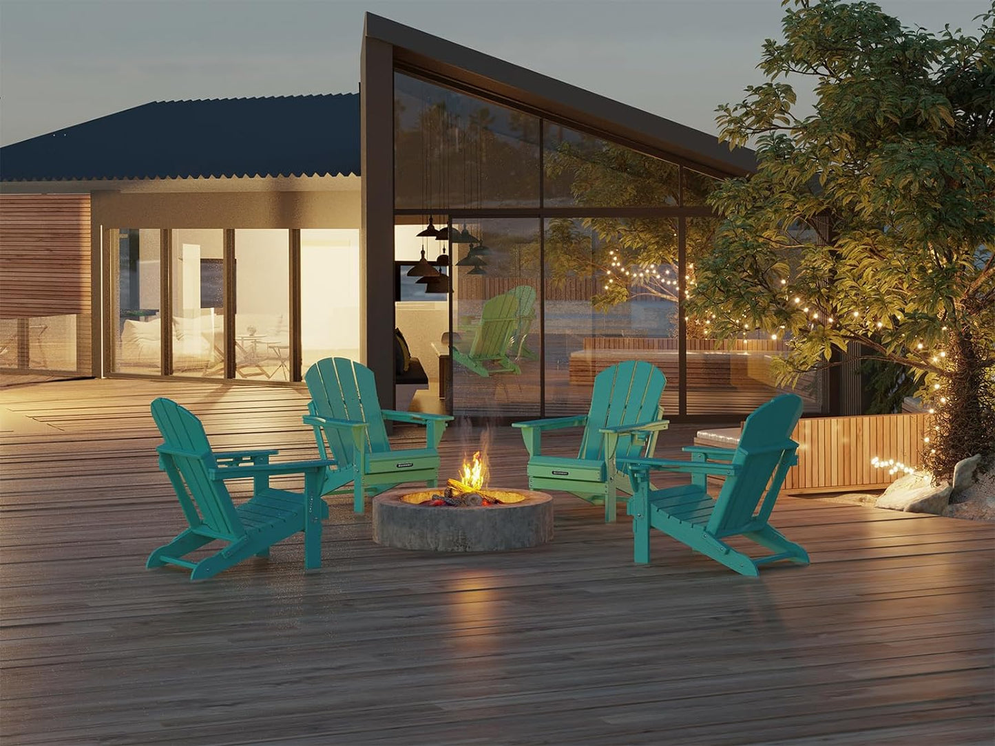MUCHENGHY Folding Adirondack Chairs 4 Pack, Patio Chairs, Outdoor Chairs, Adirondack Chair Plastic, Fire Pit Chairs, Weather Resistant with Cup Holder for Deck, Backyard, Garden(Lake Blue)