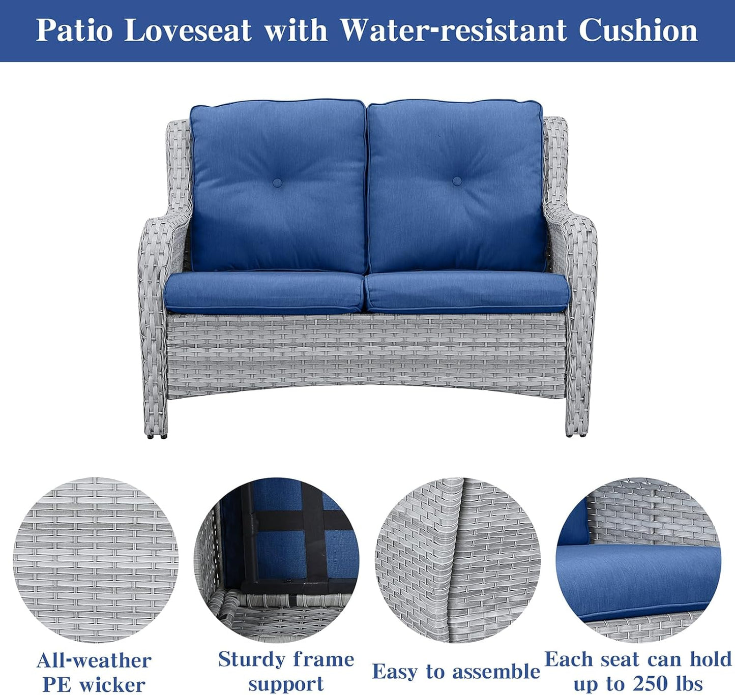 Outdoor Loveseat Small Patio Furniture 2 Seater Sofa Light Grey Wicker Couch Rattan Settee for Single-Family House