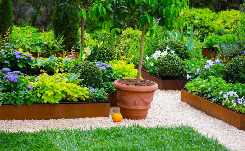 Worth Garden 6-Pack Cor-Ten Steel Landscape Edging with Black Protection Strips - Rust Patina Finish 40" L x 8" H (20Ft Total) - Hammer-in 14-Gauge Metal Corten Lawn Yard Edging Border w/ 7 Clips